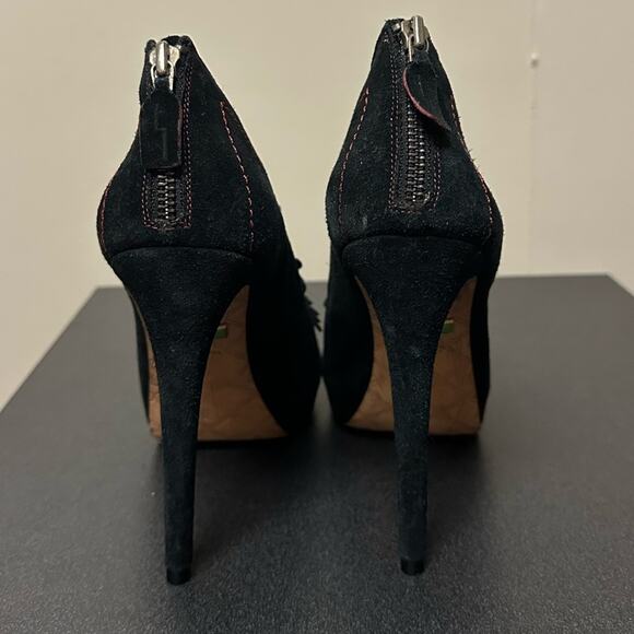 L.A.M.B Norland Black Suede Leather Stiletto Heels Gwen Stefani Ruffles Size 10 - Picture 10 of 14